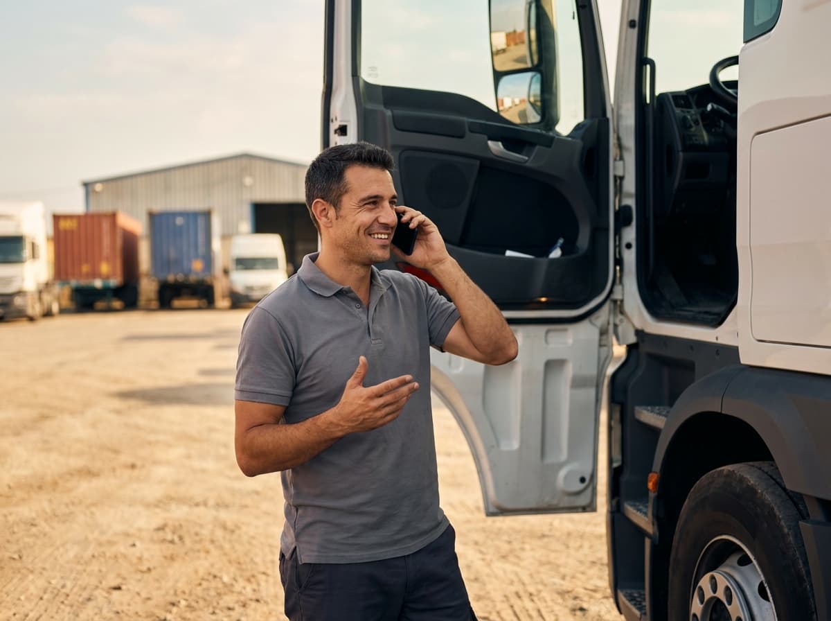 Driver reporting a fault by voice beside a truck