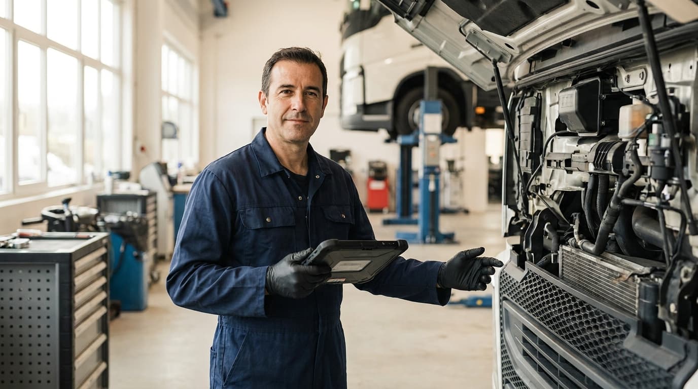 Truck mechanic with a tablet beside an engine in the workshop